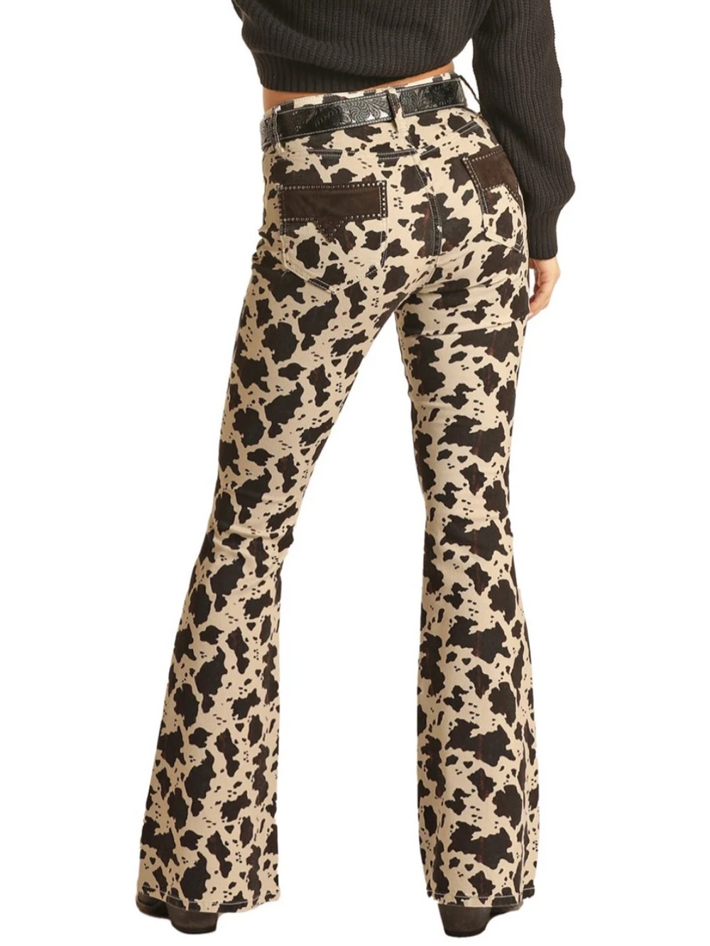 Rock & Roll Cowgirl Cow Print High Rise Flare Jeans Brown Tan 27